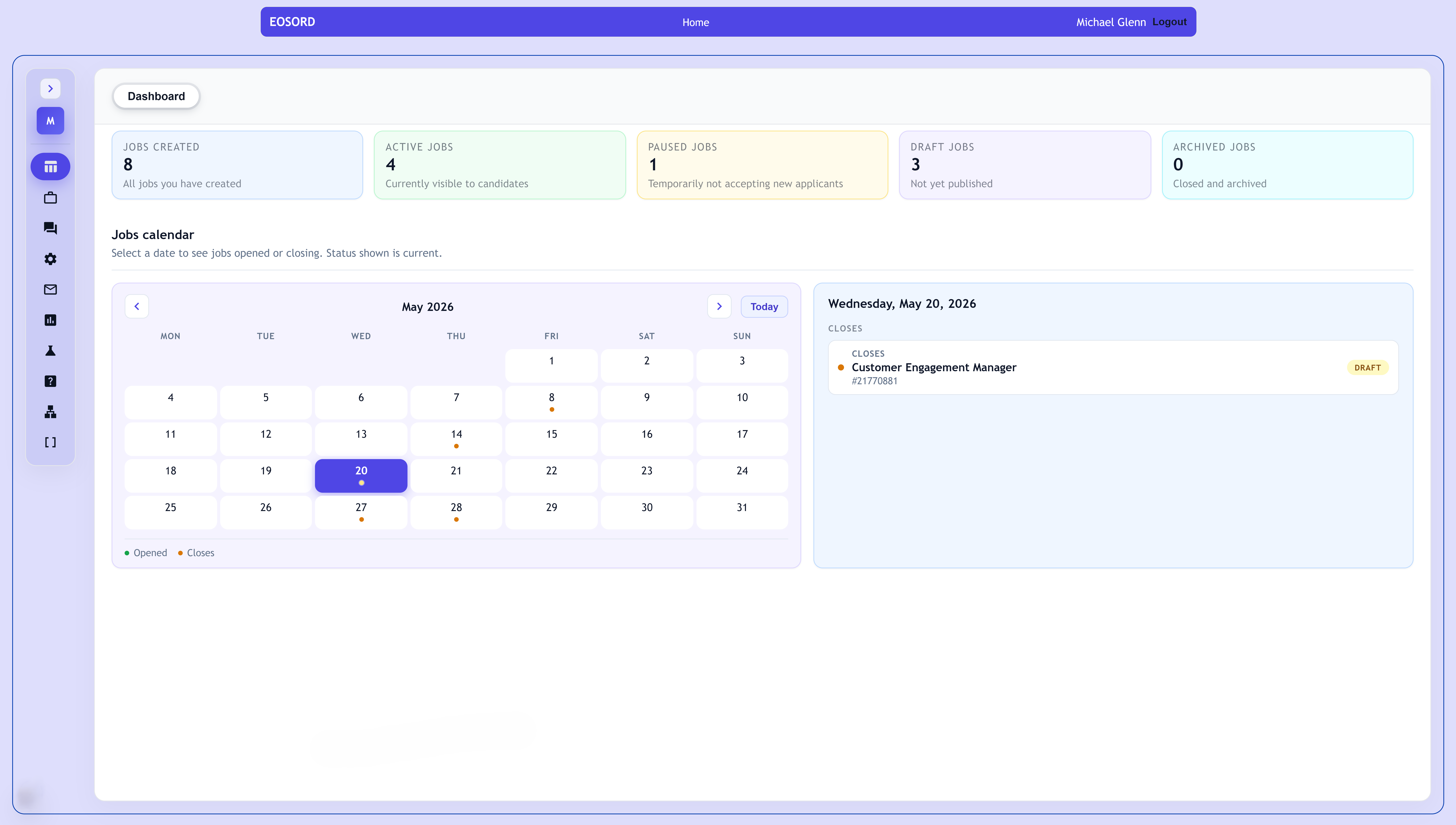 Eosord dashboard showing job stats, calendar, and hiring pipeline